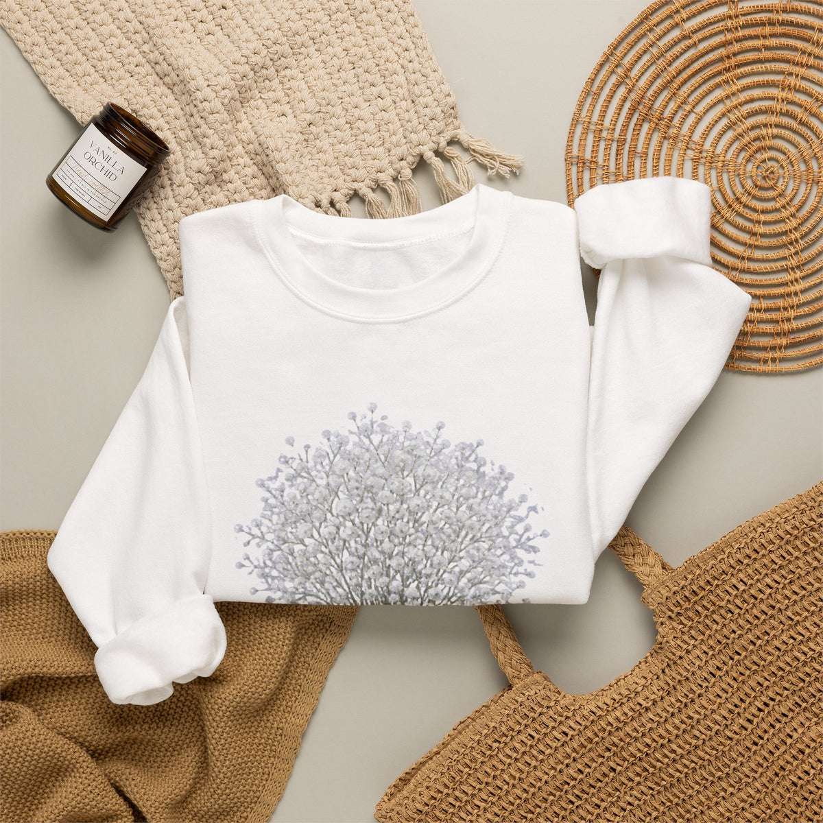 Crewneck Sweatshirt — Delicate Baby's Breath Bouquet Graphic